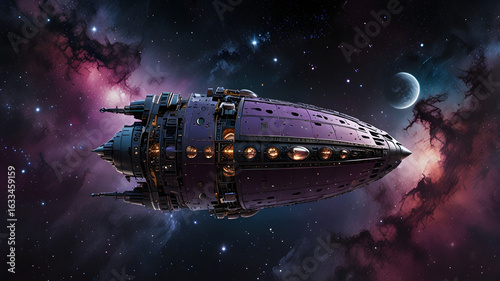 Wallpaper Mural A majestic purple interstellar spaceship cruises through a vibrant cosmic nebula with a distant crescent planet Torontodigital.ca