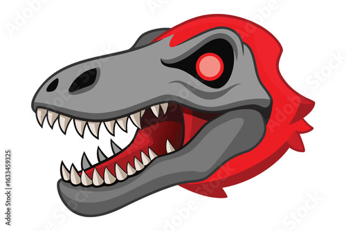 Gray and Red Cartoon Dinosaur Head with Teeth and Glowing Eye Illustration