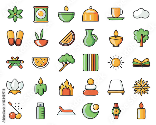 Collection of numerous minimalist line graphics representing serenity and calm activities isolated on transparent background