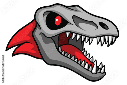 Gray Cartoon Dinosaur Skull with Red Eye, Fin, and Open Mouth Showing Teeth