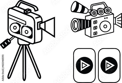Vintage Movie Camera Collection with Play Buttons Graphic Black and White Illustration for Film Production