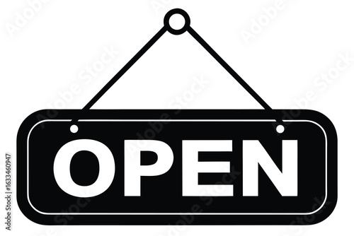 Hanging Open Sign Black Background with White Letters Indicating Business is Open