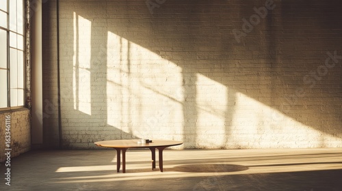 Sun-drenched industrial space with a simple round table