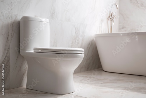 A white toilet sits near a white bathtub in a bathroom with marble walls and floors