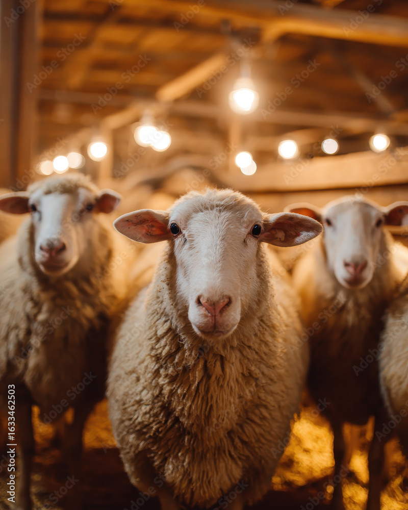 Fototapeta premium Sheep in a Barn Warm Interior Lighting