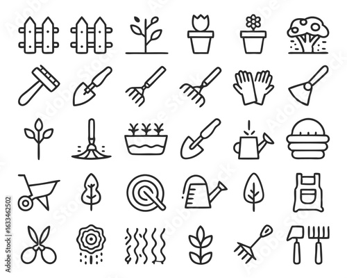 A collection of clean line art web icons representing various gardening activities and tools isolated on transparent background