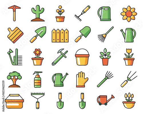 A collection of modern line art symbols representing various gardening activities and tools for digital use isolated on transparent background