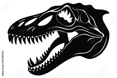 Illustration of Tyrannosaurus Rex Skull in Black and White with Sharp Teeth