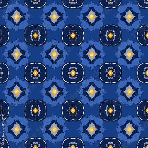 An elegant geometric floral pattern in deep blue and gold, perfect for fabric prints, stationery, digital backgrounds, home decor, and product packaging.
