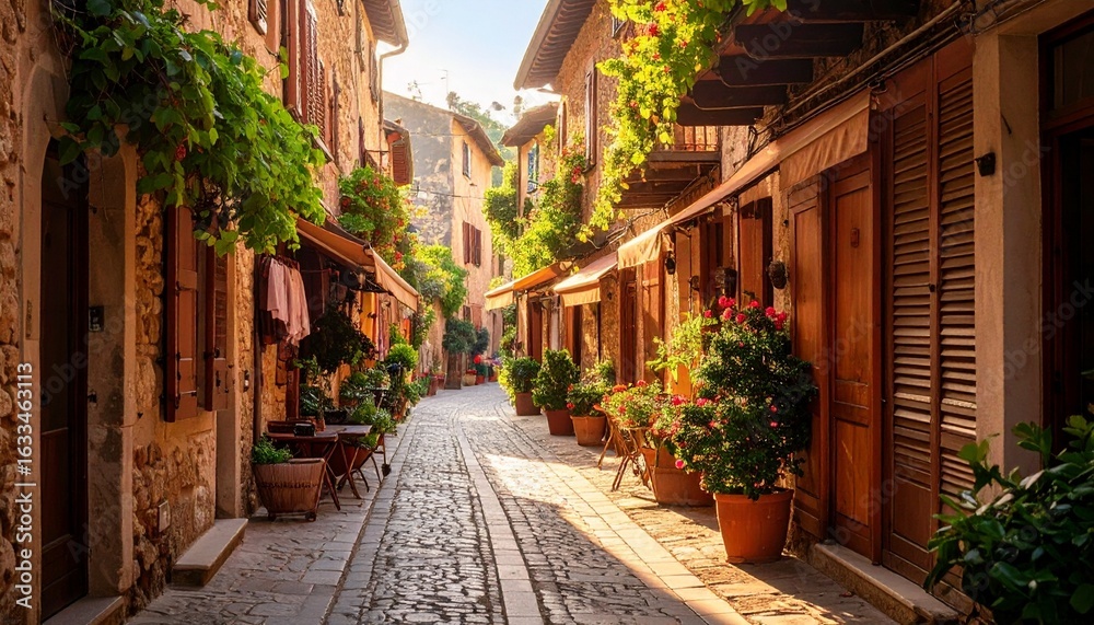 Fototapeta premium Flower-Lined Cobblestone Street in a Sunlit European Village