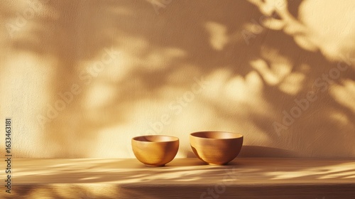 Two light brown bowls on a light beige surface, sunlit shadows cast by leaves