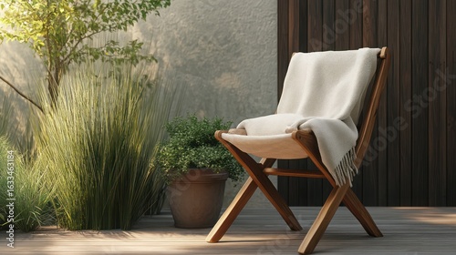 Outdoor wooden chair draped with cream blanket, serene patio setting
