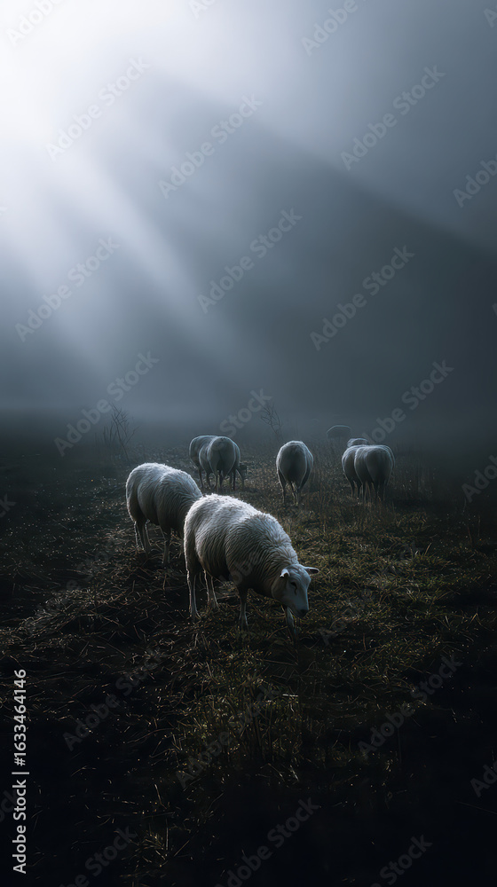 Fototapeta premium Sheep in Misty Landscape Dramatic Light Depth of Field