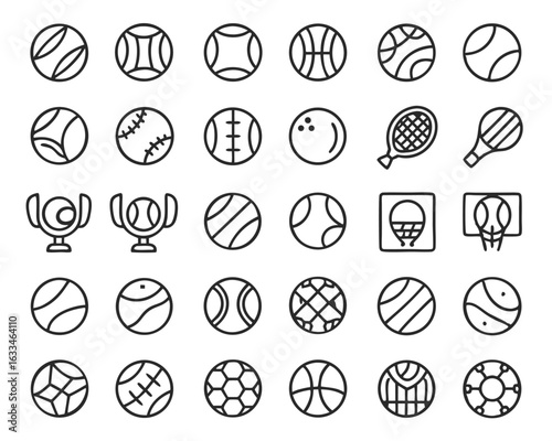 A collection of stylized tennis ball icons in black and yellow showcasing athletic sport equipment for game design and branding purposes isolated on transparent background