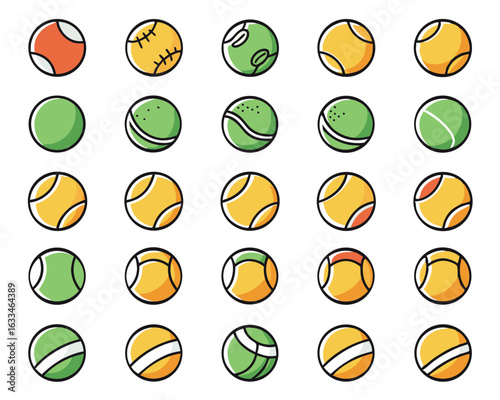 Collection of stylized tennis ball graphic elements showcasing sport and athletic competition in vibrant shades isolated on transparent background