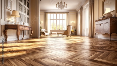 Grand, sunlit, classic interior with herringbone wood floors