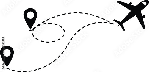 Airplane flight path with destination markers indicating travel route and final locations for a business trip or vacation