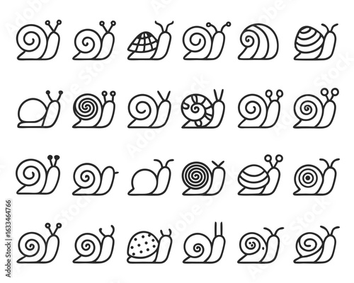 A simple black snail icon design illustration featuring a charming mollusk with a spiral shell isolated on transparent background