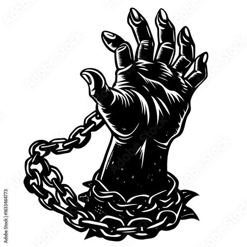 Zombie hand reaching out with a chain, isolated on white background