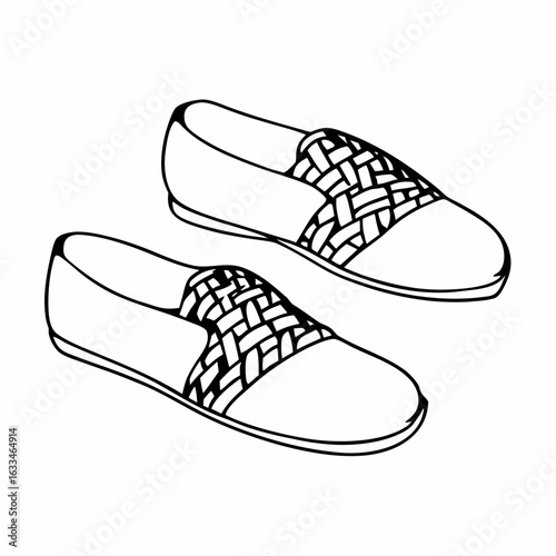 Black outline drawing of two slip on shoes footwear