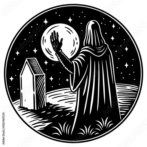 A cloaked figure stands in mourning beside a tombstone under the moonlight