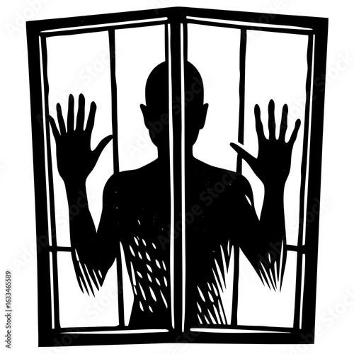 Silhouette of a person behind bars isolated on white background