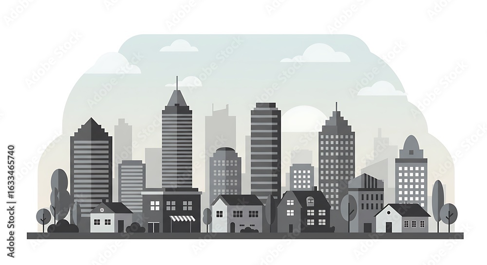 Fototapeta premium Minimalist monochrome cityscape concept. Flat vector illustration of an urban skyline with modern architectural buildings and downtown towers.