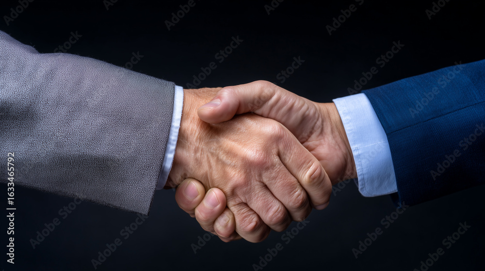 Obraz premium Close-up of a professional handshake with crisp suit sleeves, conveying trust and business partnership.
