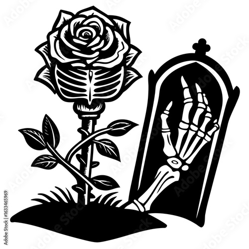 A skeleton hand reaching from a tombstone with a skeletal rose