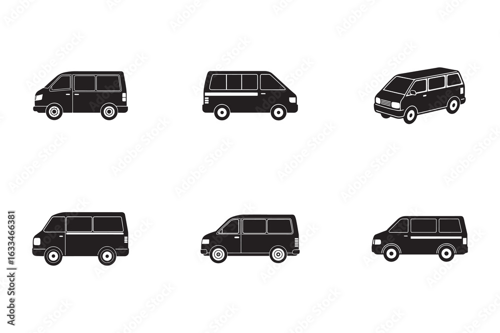 Obraz premium Set of black van illustrations in different views perfect for transportation or vehicle design projects