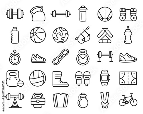 Comprehensive collection of athletic and wellness themed line art icons representing physical activity and healthy living isolated on transparent background