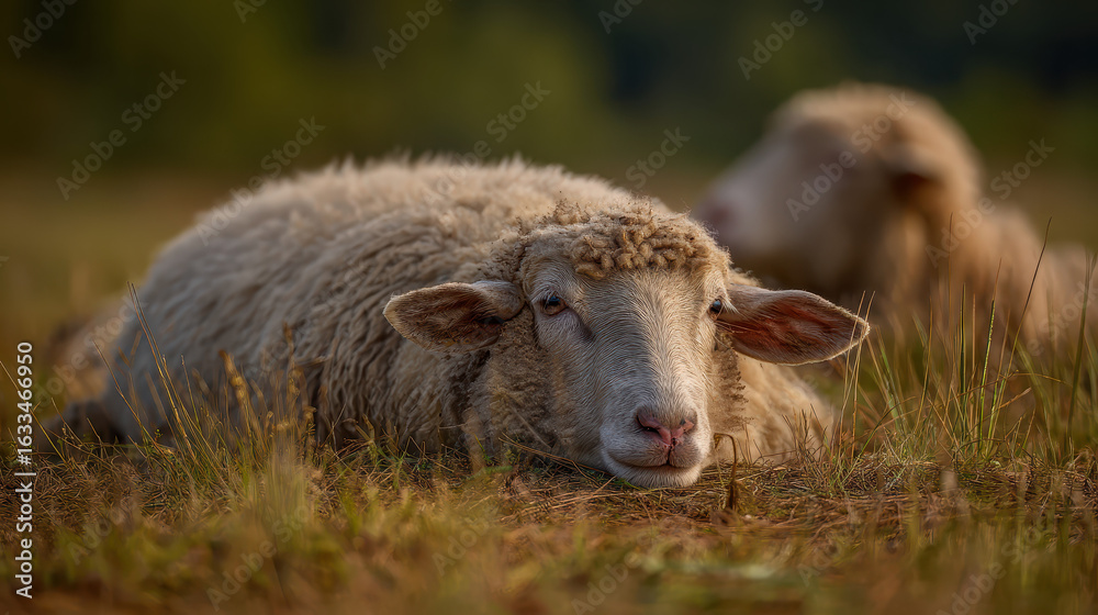 Fototapeta premium Schafe liegen im Gras weiches Licht Tiefenschärfe