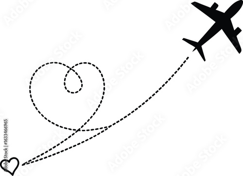 Airplane Flying from Love with Dotted Route Vector Illustration for Romantic Travel Destination or Valentines Day