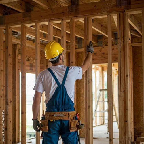 construction worker on a building site, Construction worker wearing hard hat, overalls observes interior building project. Man stands back to camera looking at window, wood framing, walls, renovation.