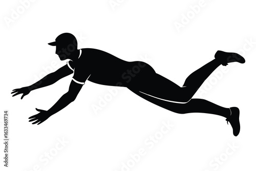 Silhouette of a Baseball Player Diving, Wearing Cap and Uniform, Isolated on White