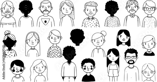 Diverse Doodle People: A Collection of Hand-Drawn Characters in Black and White