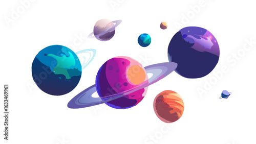 Illustration of solar system planets with rings and cosmic background for space exploration theme design