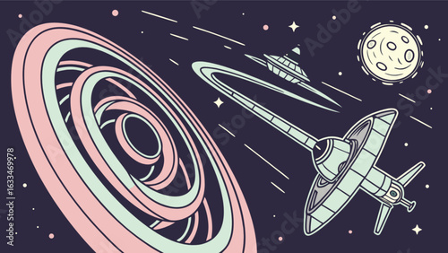 Explore the cosmos with this retro space scene featuring a spaceship, moon, and cosmic rings artwork