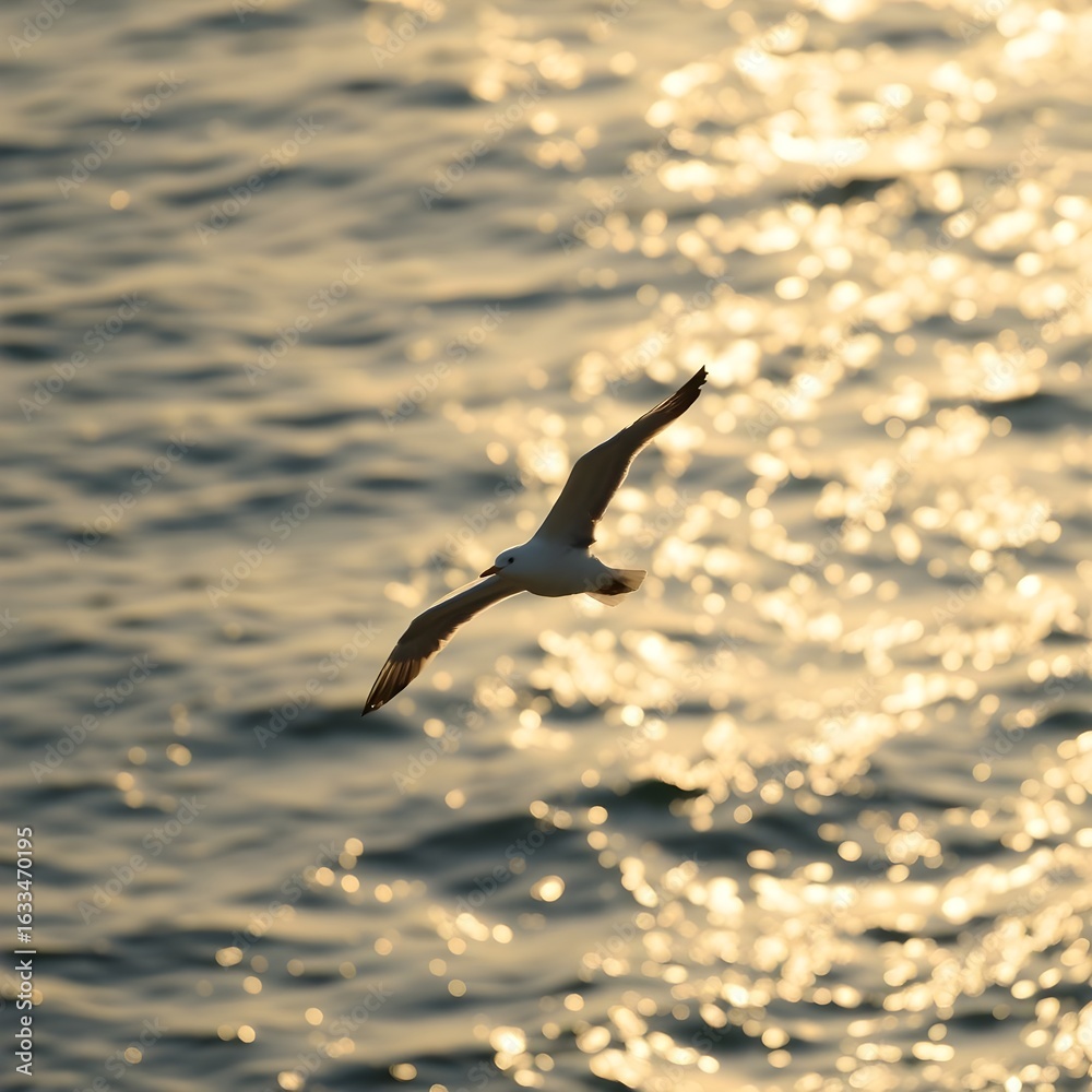 Obraz premium The first seagull glides silently across gold light.