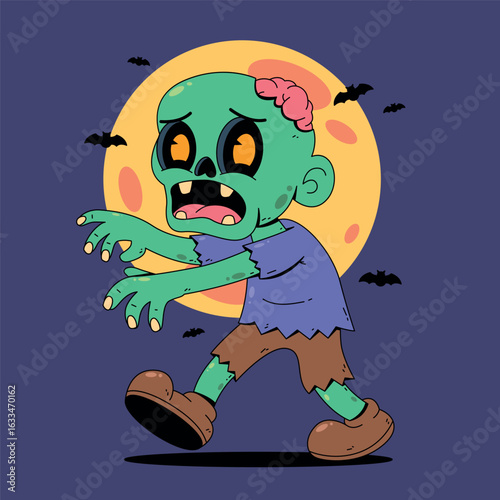 Zombie Cartoon with moon and bats