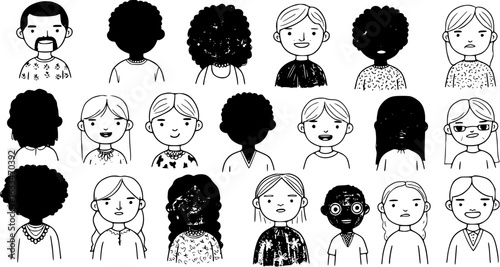 Diverse Cartoon Portraits: Illustration of Varied Faces and Hair Styles in Black and White