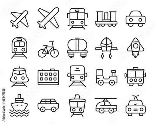Collection of solid filled transportation silhouettes including vehicles and modes of transport isolated on transparent background