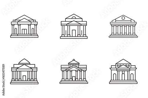 Set of minimalist bank building outline icons representing financial institutions government and historical landmarks in vector format on white background