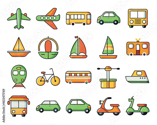 Comprehensive collection of solid filled transportation symbols including vehicles and modes of travel isolated on transparent background