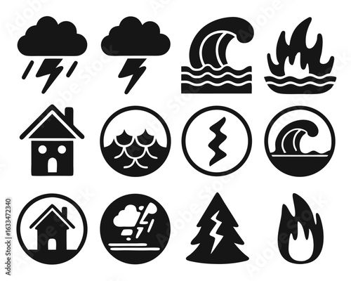 Collection of diverse natural disaster symbols illustrating storms and weather phenomena isolated on transparent background