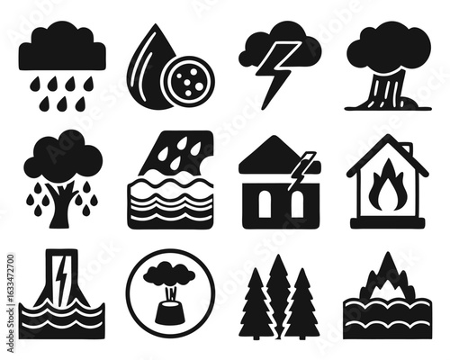 Collection of stylized natural disaster symbols including various storm phenomena isolated on transparent background