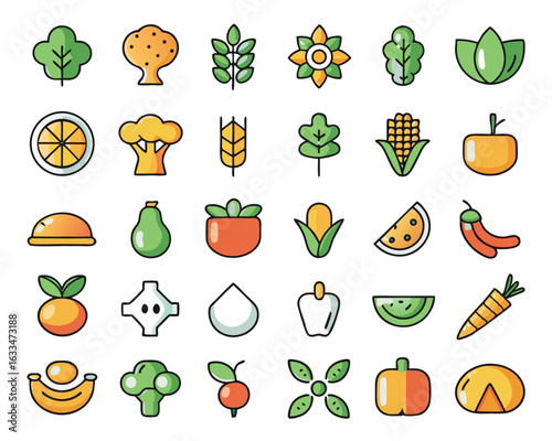Collection of stylized vegan food and lifestyle symbols in black and blue hues isolated on transparent background