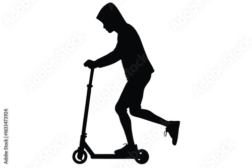 Silhouette of Hooded Person Riding a Scooter with One Foot Pushing Off