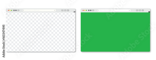 Web Browser Templates: Two minimalist web browser window templates, one transparent, the other green, stand side-by-side against a clear backdrop, ready for design or application