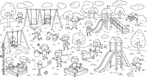 Playground Fun: Black and White Cartoon Illustration of Children Playing on Swings, Slides, and in Sandboxes